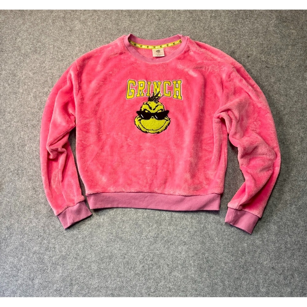 Dr. Seuss The Grinch Sweatshirt Womens Medium Pink Embroidered Fleece Crew Neck